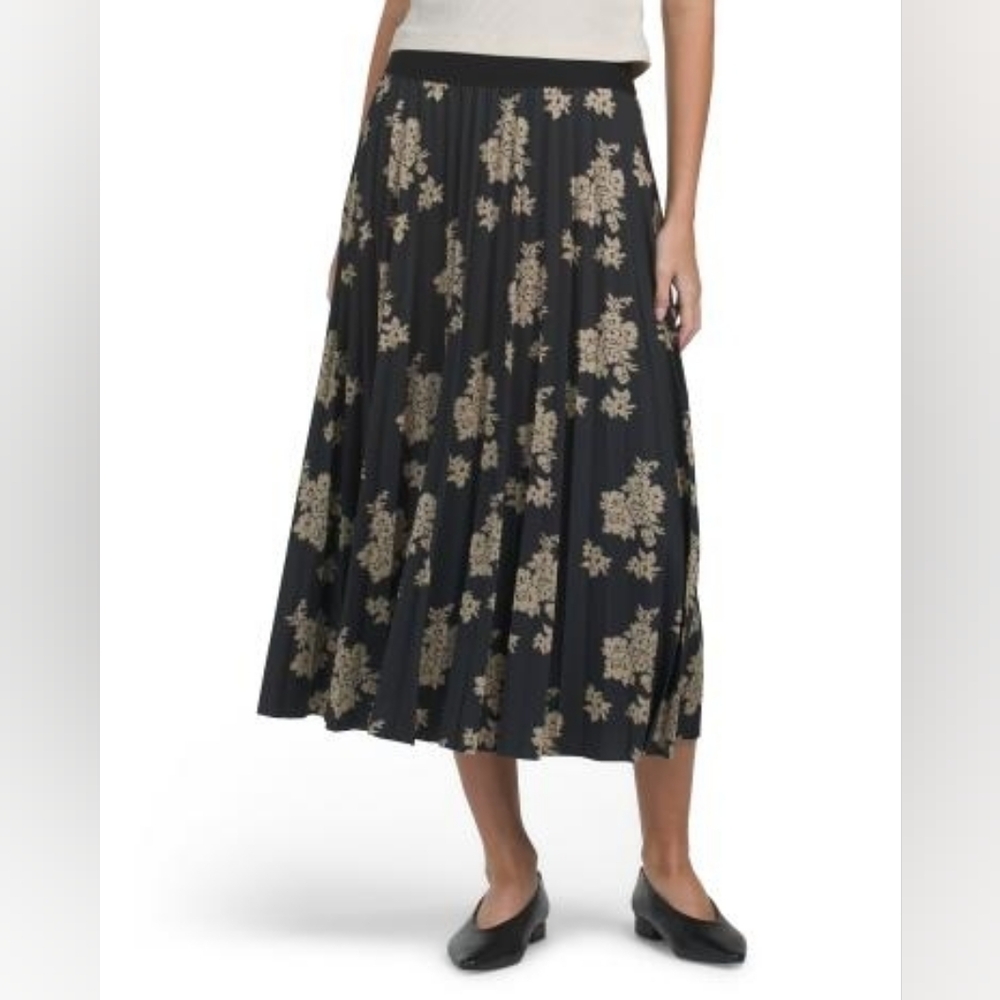 NWT-Nanette Lepore Black/Tan Floral Printed Pleated Stretch Midi Skirt-Size XL